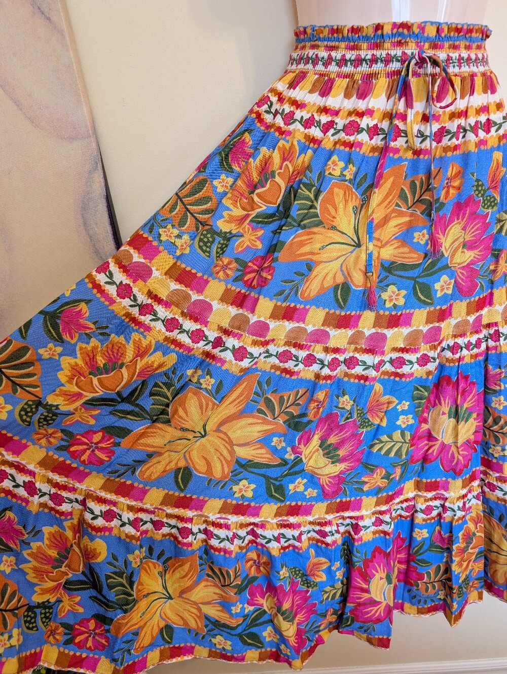 Farm Rio Colourful Floral Print Flowy Tiered Midi Skirt XS - Picture 3 of 12